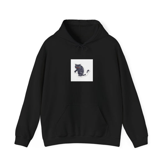 Black Cat Minimalist Hoodie — Small Embroidered Cat Design