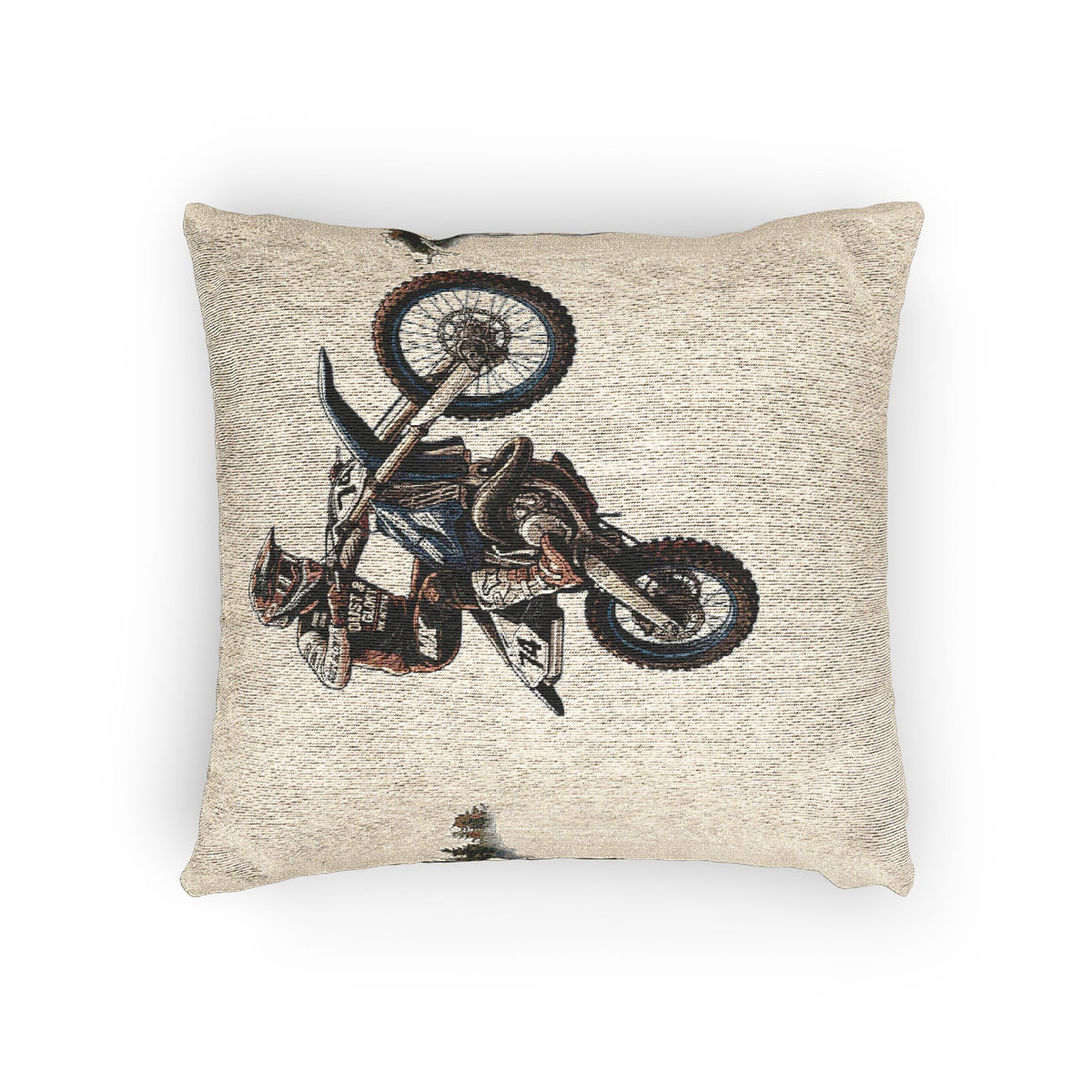 Motocross Woven Throw Pillow — Vintage Dirt Bike Rider Accent Cushion