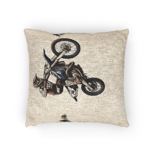 Motocross Woven Throw Pillow — Vintage Dirt Bike Rider Accent Cushion