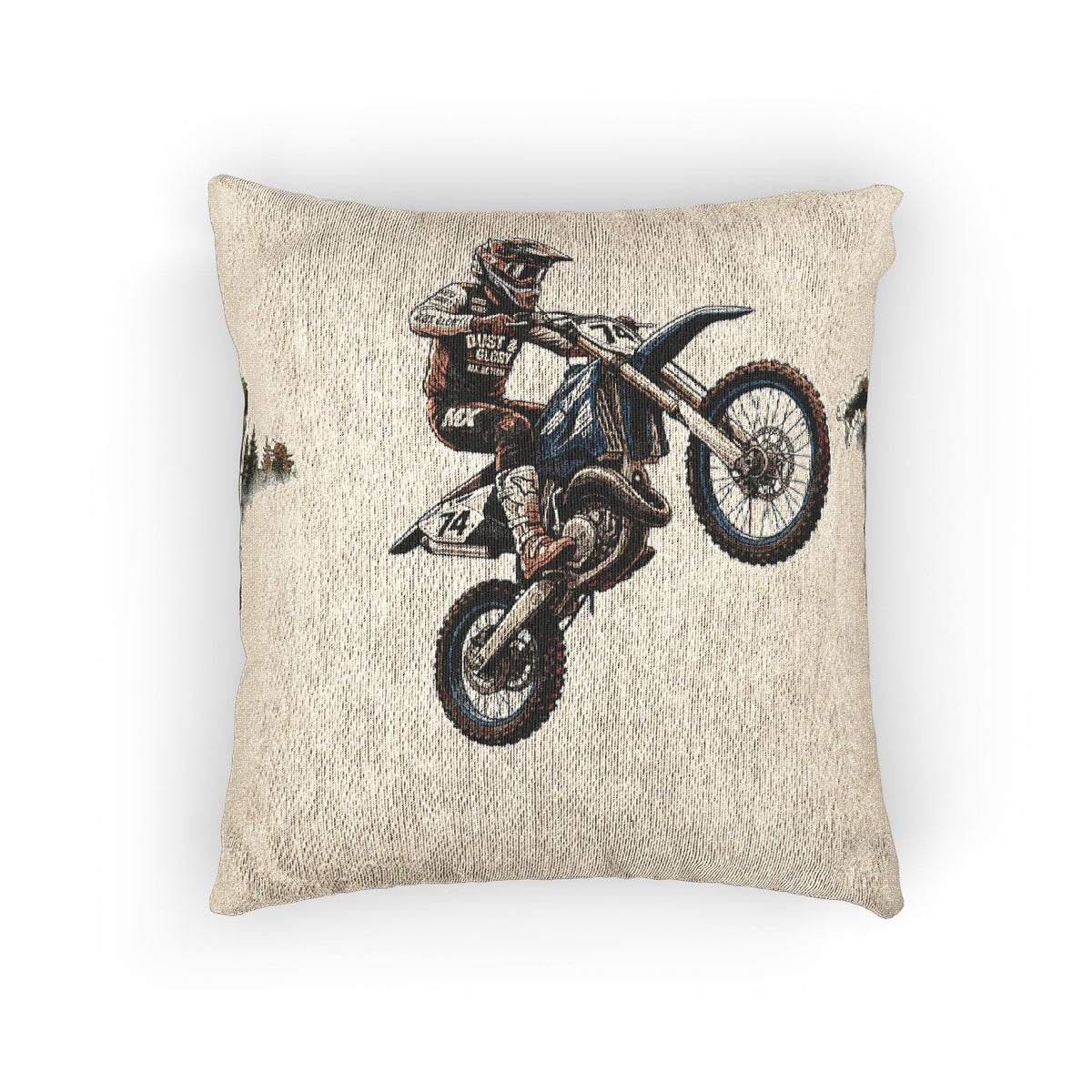 Motocross Woven Throw Pillow — Vintage Dirt Bike Rider Accent Cushion