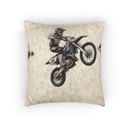Motocross Woven Throw Pillow — Vintage Dirt Bike Rider Accent Cushion