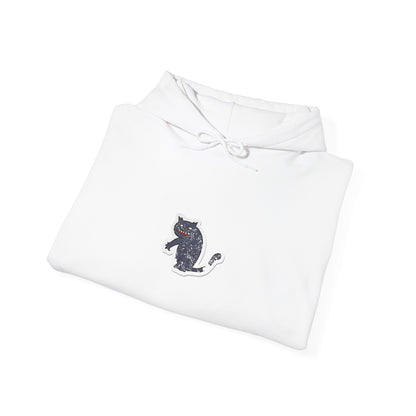 Black Cat Minimalist Hoodie — Small Embroidered Cat Design