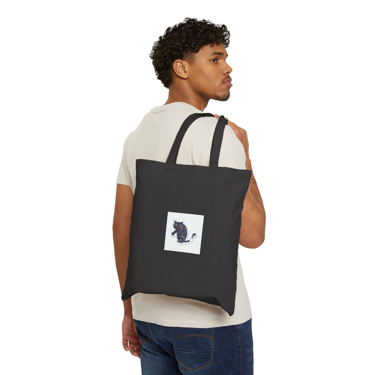 Cat Silhouette Canvas Tote Bag — Small Black Cat Embroidery
