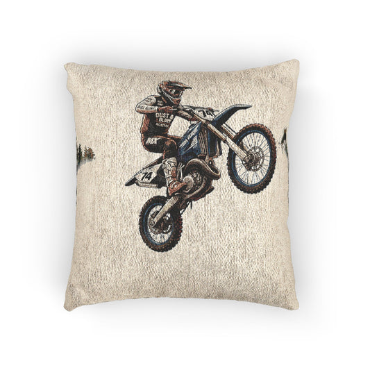 Motocross Woven Throw Pillow — Vintage Dirt Bike Rider Accent Cushion