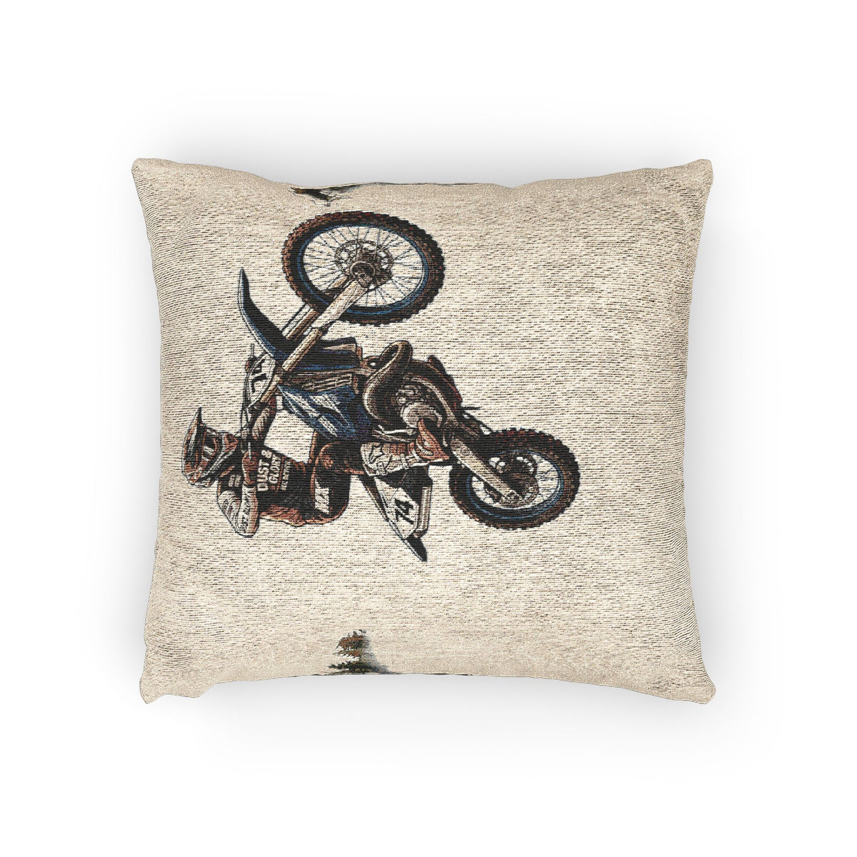 Motocross Woven Throw Pillow — Vintage Dirt Bike Rider Accent Cushion
