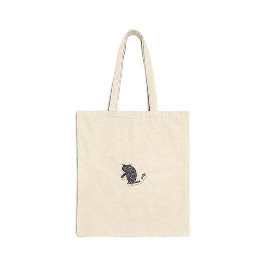 Cat Silhouette Canvas Tote Bag — Small Black Cat Embroidery